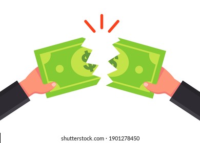 tear the bill into two parts. tear the money with your hands. flat vector illustration.