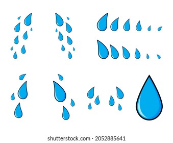 Tear, cry cartoon icon template. Blue sad expression symbol. Simple weeping falling stream set.