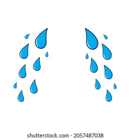 Tear, cry cartoon icon template. Blue sad expression symbol. Simple weeping falling stream set.