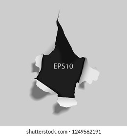 Tear hole in the paper. Sheet torn in the middle. Place in the center to insert the design of the project. Banner for business. On a dark background with soft shadows. Vector illustration