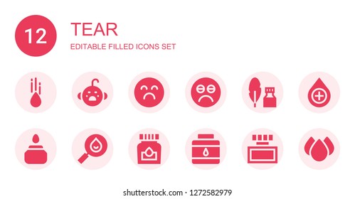 tear icon set. Collection of 12 filled tear icons included Raindrop, Cry, Sad, Ink, Drop, Drops