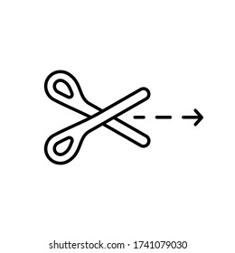Tear line with direction. Scissors with dotted line and arrow. Linear icon of package opening indicator. Black simple illustration of cutting pointer. Contour isolated vector emblem, white background