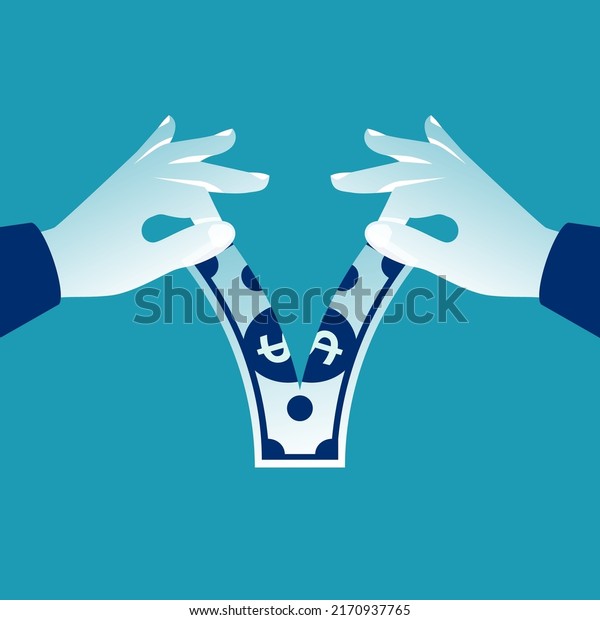 Tear money. The businessman tears the dollar banknote in\
half. Share profit. Finance loss. Break bill. Ripped cash. Money in\
the hand. Vector illustration flat design. Isolated on white\
background. 