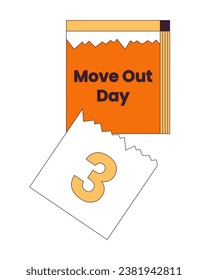 Tear off calendar moving out day 2D linear cartoon object. Countdown calendar to relocation event isolated line vector element white background. Daily reminder moving color flat spot illustration