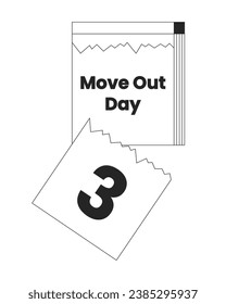 Tear off calendar moving out day black and white 2D line cartoon object. Countdown calendar to relocation event isolated vector outline item. Daily reminder moving monochromatic flat spot illustration