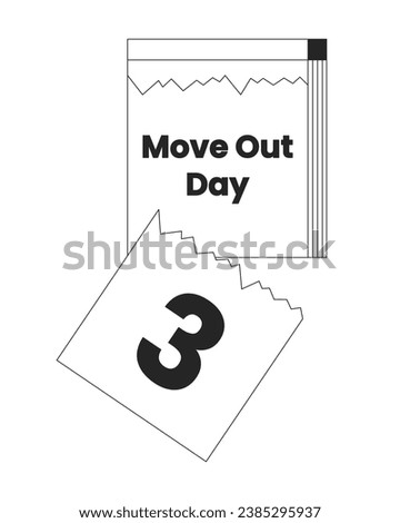 Tear off calendar moving out day black and white 2D line cartoon object. Countdown calendar to relocation event isolated vector outline item. Daily reminder moving monochromatic flat spot illustration