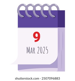 Tear off calendar page is showing the date 9 march 2025