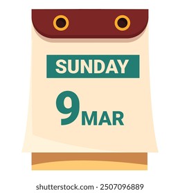 Tear off calendar page is showing the date as sunday the 9th of march