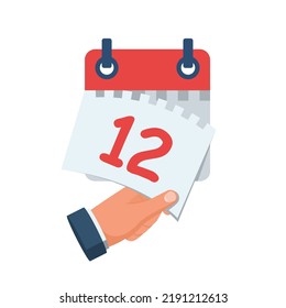 Tear off the calendar sheet. 12 is the date on the calendar. Off date. Deadline concept. Template page. Vector illustration flat design. Isolated on white background. 