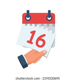Tear off the calendar sheet. 16 is the date on the calendar. Off date. Deadline concept. Template page. Vector illustration flat design. Isolated on white background. 
