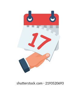 Reißen Sie das Kalenderblatt ab. 17 ist das Datum auf dem Kalender. Off-Datum. Terminkonzept. Vorlagenseite. Flaches Vektorgrafik-Design. Einzeln auf weißem Hintergrund. 