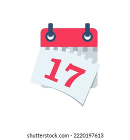 Tear off the calendar sheet. 17 is the date on the calendar. Off date. Deadline concept. Template page. Vector illustration flat design. Isolated on white background. 
