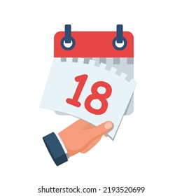 Tear off the calendar sheet. 18 is the date on the calendar. Off date. Deadline concept. Template page. Vector illustration flat design. Isolated on white background. 