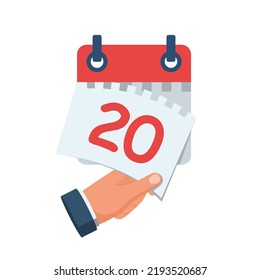 Tear off the calendar sheet. 20 is the date on the calendar. Off date. Deadline concept. Template page. Vector illustration flat design. Isolated on white background. 