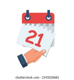 Tear off the calendar sheet. 21 is the date on the calendar. Off date. Deadline concept. Template page. Vector illustration flat design. Isolated on white background. 