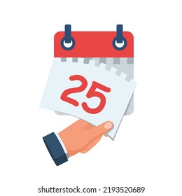 Lágrima de la hoja del calendario. 25 es la fecha del calendario. Fuera de la cita. Concepto de plazo. Página Plantilla. Diseño plano de ilustración vectorial. Aislado sobre fondo blanco. 