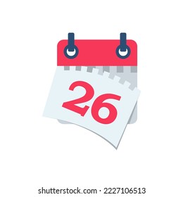 Reißen Sie das Kalenderblatt ab. 26 ist das Datum auf dem Kalender. Off-Datum. Terminkonzept. Vorlagenseite. Flaches Vektorgrafik-Design. Einzeln auf weißem Hintergrund. 