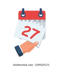 Tear off the calendar sheet. 27 is the date on the calendar. Off date. Deadline concept. Template page. Vector illustration flat design. Isolated on white background. 