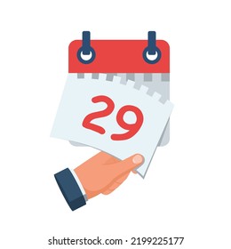 Tear off the calendar sheet. 29 is the date on the calendar. Off date. Deadline concept. Template page. Vector illustration flat design. Isolated on white background. 