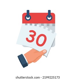 Tear off the calendar sheet. 30 is the date on the calendar. Off date. Deadline concept. Template page. Vector illustration flat design. Isolated on white background. 