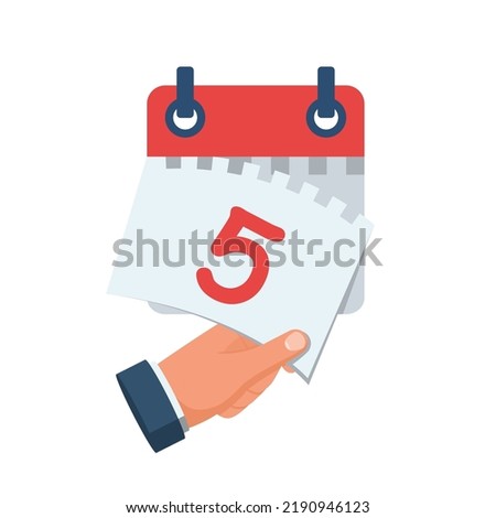 Tear off the calendar sheet. 5 is the date on the calendar. Off date. Deadline concept. Template page. Vector illustration flat design. Isolated on white background.