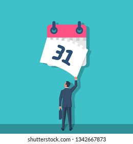 Tear off calendar sheet. End of month. Off date. Businessman hand closes the last sheet of the calendar. Deadline concept. Template page. Vector illustration flat design. Isolated on background.