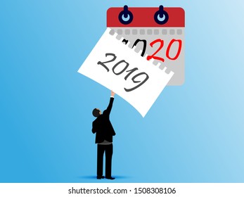 Tear off calendar sheet. End of year. Off date. Businessman hand closes the last sheet of the calendar. Deadline concept. Template page. Vector illustration flat design. Isolated on background.
