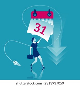 Lágrima de la hoja del calendario. Fin de mes. Fuera de la cita. La mano de una mujer de negocios cierra la última hoja del calendario. Concepto de plazo. Página Plantilla. Diseño plano de ilustración vectorial. 31 página.