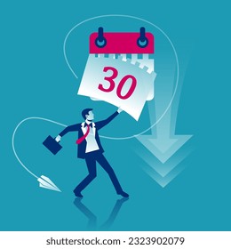 Tear off calendar sheet. End of month. Off date. Businessman hand closes the last sheet of the calendar. Deadline concept. Template page. Vector illustration flat design. 30 page.
