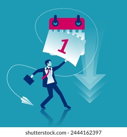 Desgarre la hoja de calendario. Los primeros días del mes. Fuera de la fecha. Mano de hombre de negocios arranca el primer mes del calendario. Concepto de fecha límite. Diseño plano de Ilustración vectorial. 