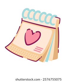 Tear off cartoon calendar with pink heart on paper page and binder. Funny planner of Valentines day holiday, wedding party or date. Love mascot, cartoon cute romantic calendar vector illustration