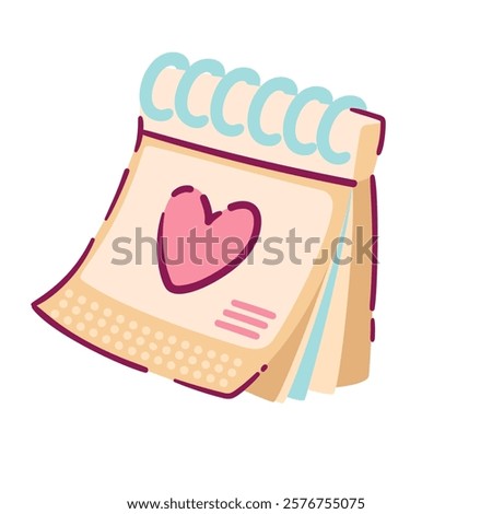 Tear off cartoon calendar with pink heart on paper page and binder. Funny planner of Valentines day holiday, wedding party or date. Love mascot, cartoon cute romantic calendar vector illustration