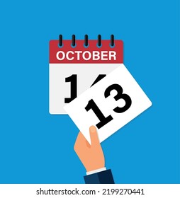 tear off a leaf october 13 on a wall calendar. the coming of a new day. flat vector illustration. Eps 10