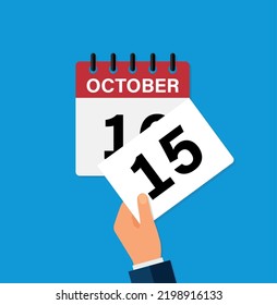 arrancar una hoja el 15 de octubre en un calendario de la pared. la llegada de un nuevo día. ilustración vectorial plana. Eps 10