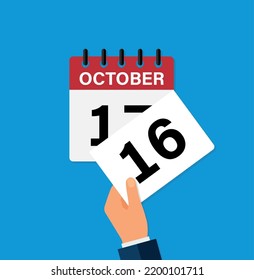 tear off a leaf october 16 on a wall calendar. the coming of a new day. flat vector illustration. Eps 10