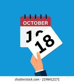 tear off a leaf october 18 on a wall calendar. the coming of a new day. flat vector illustration. Eps 10