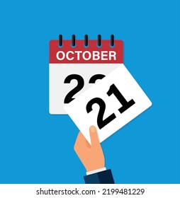 Reißen Sie am 21. Oktober ein Blatt auf einem Wandkalender ab. die Ankunft eines neuen Tages. flache Vektorgrafik. EPS10