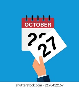 tear off a leaf october 27 on a wall calendar. the coming of a new day. flat vector illustration. Eps 10