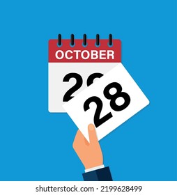 arrancar una hoja el 28 de octubre en un calendario de la pared. la llegada de un nuevo día. ilustración vectorial plana. Eps 10