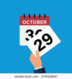 tear off a leaf october 29 on a wall calendar. the coming of a new day. flat vector illustration. Eps 10