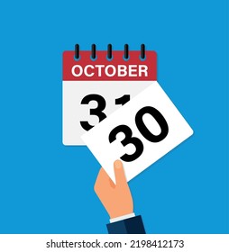 arrancar una hoja el 30 de octubre en un calendario de la pared. la llegada de un nuevo día. ilustración vectorial plana. Eps 10