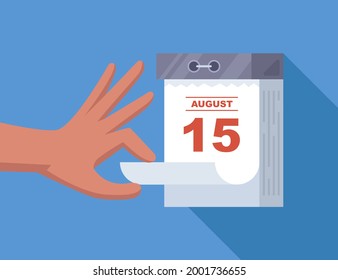 tear off a leaf on a wall calendar. the coming of a new day. flat vector illustration.
