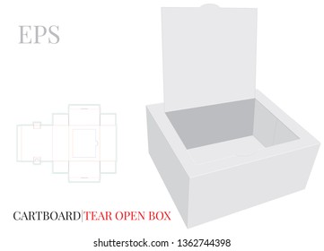 Tear Open Box Template With Die Cut Lines. Vector With Die Cut / Laser Cut Layers. White, Clear, Blank, Isolated Open Paper Box Mock Up On White Background With Perspective Presentation.