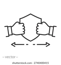 tear proof icon, concept of dense and strong material, protection against stretching, line vector art