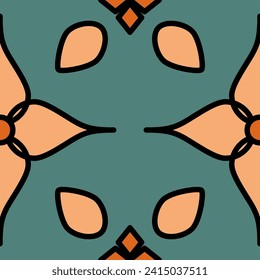 Tear Shape Flower - Orange, Teal, Peach and Black - Floral Seamless Vector Pattern - Ornamental Design. Abstract Geometric Texture with Leaf and Floral Shapes.