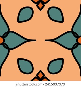 Tear Shape Flower - Peach, Orange, Teal and Black - Floral Seamless Vector Pattern - Ornamental Design. Abstract Geometric Texture with Leaf and Floral Shapes.
