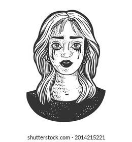 Tear stained girl with flowing mascara sketch engraving vector illustration. T-shirt apparel print design. Scratch board imitation. Black and white hand drawn image.