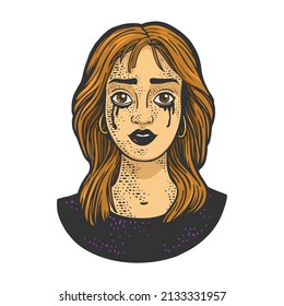 Tear stained girl with flowing mascara color sketch engraving vector illustration. T-shirt apparel print design. Scratch board imitation. Black and white hand drawn image.