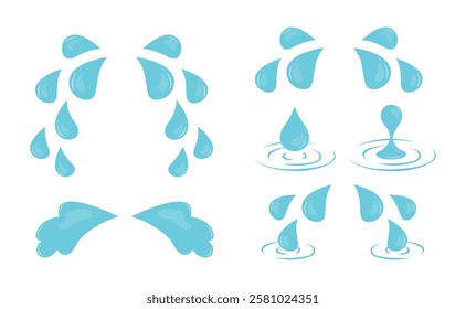 Tear water vector, cartoon puddle, cry drop, blue rain stream isolated on white background.