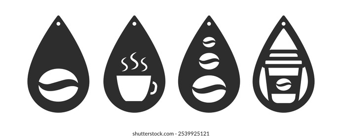 Diseños de café de lágrima para pendientes, colgante o llavero. Plantilla de corte de silueta de joyería. Corte láser con cuero, madera o metal. archivo de Vector